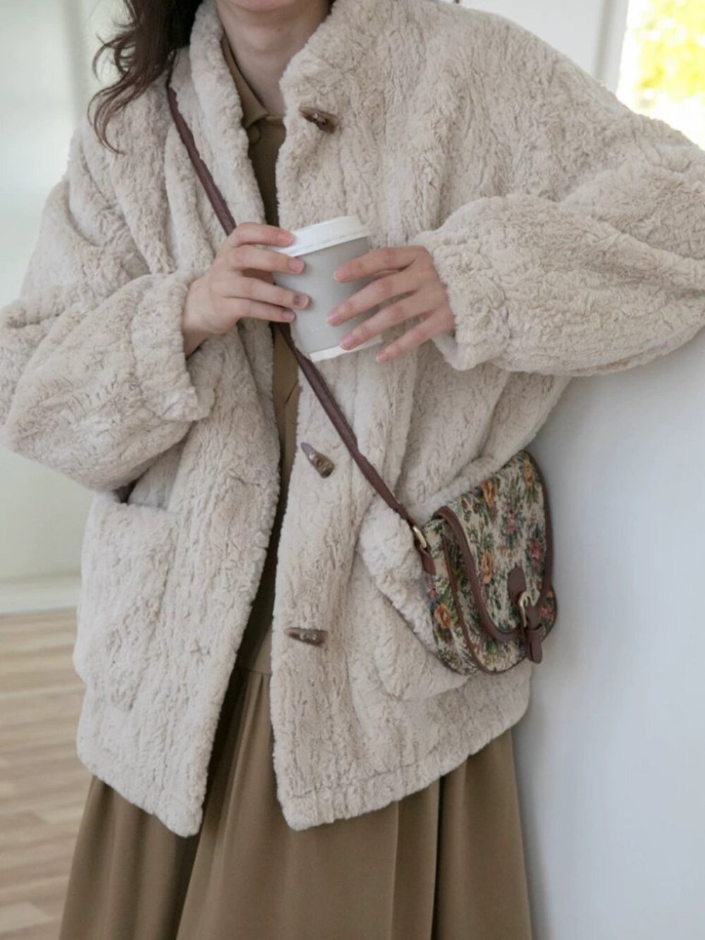 Cream Faux Shearling Teddy Jacket with Toggle Buttons